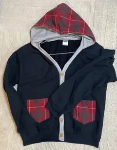 カーディガン　パーカー　フード付き　チェック　赤　ボタン　M