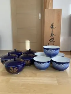 深川製磁　蓋付湯呑茶碗　瑠璃竹林金彩 湯呑茶碗　瑠璃花柄　セット