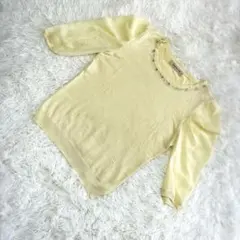 アプワイザーリッシェ♡異素材 装飾付きニット 五分丈 春色 レディースM 黄色