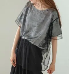 Bab ラメチュールドッキングブラウスＴシャツ ブラック