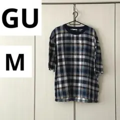 【新品】GU ネイビー系チェック 半袖Tシャツ M