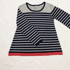 ネイビーとグレーのストライプAライン長袖トップス