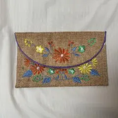 花柄刺繍ジュートポーチ　麻素材