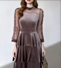 シースルードレスワンピースCOCOMOMOティアードベロア(モカ)