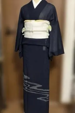 難あり　正絹絽付下げ　夏着物　紺地流水　リメイク　お稽古着　丸洗い済みのサムネイル