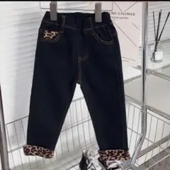【新品未使用】レオパード柄切替裏起毛デニムパンツ 90サイズ