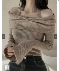 ホルターネックオフショルダーリブニットトップス GRL