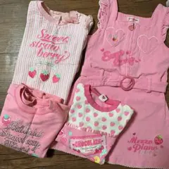 メゾピアノ　苺柄ジャンパースカート、トレーナー、長袖Tシャツ4点セット　130