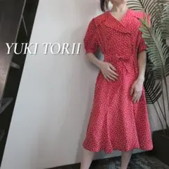 YUKI TORII レトロ総柄ワンピ 開襟 パフ袖 リボン ダブルボタンのサムネイル