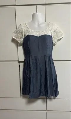 HERE’S レース切替　合わせやすいデニム風　チュニック　ワンピース　Mサイズのサムネイル