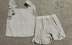 ギンガムチェック セットアップ 80 ベビー キッズ フリル ブラウン