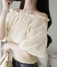 オフショル2WAY花柄コード刺繍バックリボンブラウス