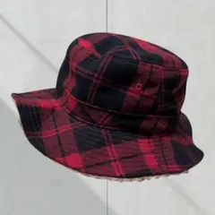 赤黒 チェック柄 バケットハット レディース ボア 防寒 オシャレ 秋冬アイテム
