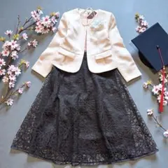 未使用級 ママスーツ ツイード ノーカラー レース フレアスカート L 卒入学