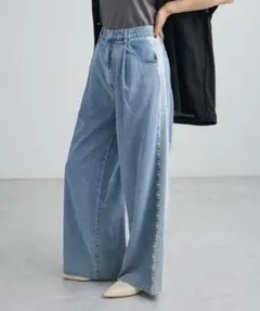 サイドレース切り替え ワイドデニムパンツ