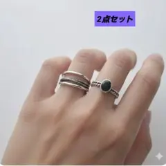 【2点セット】シルバー ツイストデザイン リング ブラックストーン 韓国