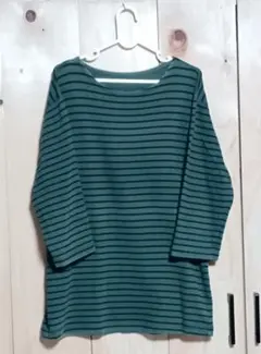 UNIQLO 七分袖 Tシャツ L 緑と黒のストライプ