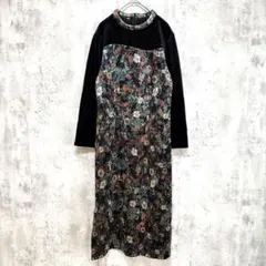 美品✨レトロ✨ベロア生地 花柄ロングワンピース 黒 裏起毛 防寒暖か