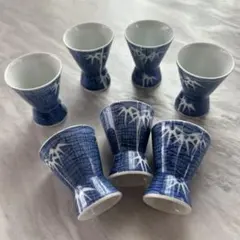 陶器製 竹模様 青いお猪口 7個セット