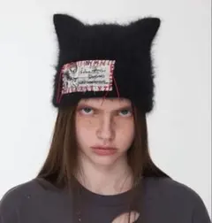 1jinnstudio 猫耳ビーニー　猫耳ニット ラビットファー　black 黒