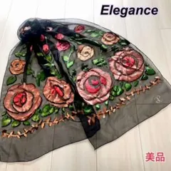 Elegance・花柄ストール・シフォン・フロッキー・黒・エレガンス・美品のサムネイル