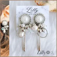 #674大ぶり/パール/シルバー/ビーズ刺繍/揺れる/ハンドメイド