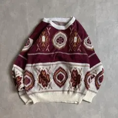 00s ニットセーター クルーネック 幾何学柄 L レトロ古着 グランジ Y2K