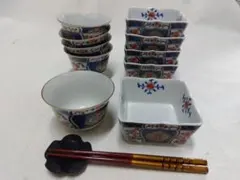 【有田焼】 南風窯 染付色絵　四角皿＆湯呑　纏め売り