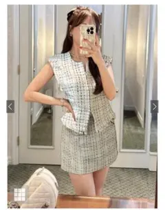 ジップベスト×ミニスカートラメツイードセットアップ[dk1253]