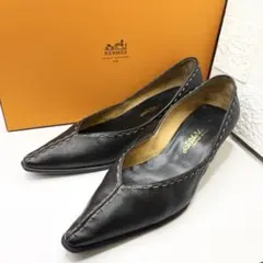 【美品】HERMES エルメス パンプス レザー ブラック ステッチ ローヒールのサムネイル