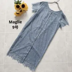 ⑩48 Maglie ワンピース レース パールボタン 9号 半袖 ブルー 上品のサムネイル