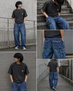 上下セット　Carhartt Tシャツとディッキーズデニムカーゴパンツ古着