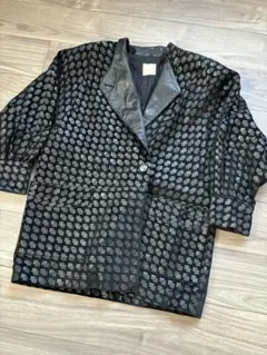 ノーカラーリアルレザーデザインジャケット　本革　レザー　ビンテージy2k