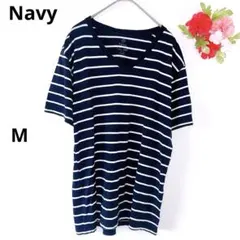 ❣️ネイビー❣️半袖Tシャツ ボーダー Vネック ストライプ ネイビー/ホワイト Mのサムネイル