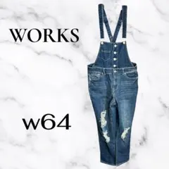 美品✨【WORKS】デニムオーバーオール　テーパード　ダメージ加工　ブルーw64