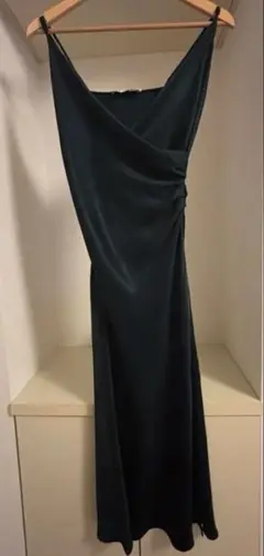 ZARA ダークグリーン サテンキャミソール ロングワンピース シルク風