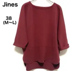 Jines バーガンディ☆後飾りボタン付き五分袖トップス☆ボートネックカットソー
