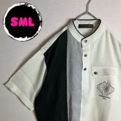 ☆サマーニット　バイカラー　刺繍デザイン　半袖シャツ　古着　ハーフボタン　白黒