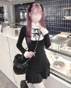 HONEYMEW ハニーミュウ チェックリボン肩あきプリーツワンピース