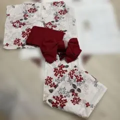 【美品】RUアールユー 浴衣作り帯セット Mサイズ 白地 赤花柄 丸井購入 花火のサムネイル