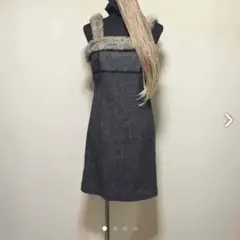 ラビットファー付きグレーツイードキャミソールワンピース
