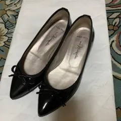 未使用品　銀座かねまつ　23cm 晴雨兼用フラットシューズ ブラック 美品 銀座かねまつ パンチングレザー フラットシューズ 黒