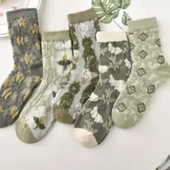靴下 ソックス 緑 5足 セット モダン 花柄 うさぎ 刺繍 ガーリー