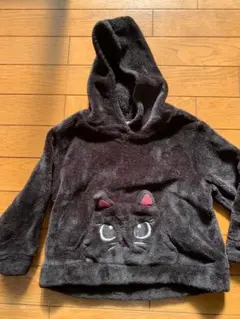 H&M 黒　ねこ顔刺繍 フリースパーカー 3/4T 3歳4歳　100 ブラック
