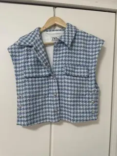 ZARA 青と白のチェック柄 ノースリーブベスト Sサイズ