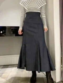 ダークデニム フレアスカート ゴム入りウエスト