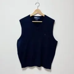 90s ポロ ラルフローレン コットン ニット ベスト ポニー刺繍 ネイビー L