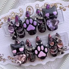 ネイルチップ 量産型 地雷 サブカル 天使界隈 紫 ピンク 黒 猫 肉球 ハート