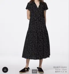 GU ティアードワンピース 半袖 M ブラックドット