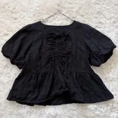 ギャザーリボンバルーンスリーブブラウス　M　ブラック　半袖　フレア◆A1596
